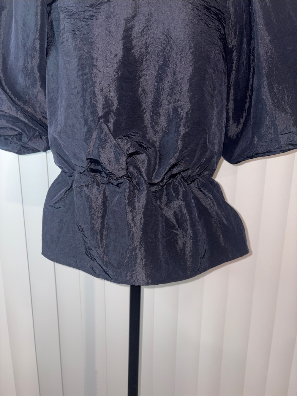 H&M Black Puff Sleeve Peplum Blouse Shimmer Windbreaker Top Medium - Picture 3 of 7
